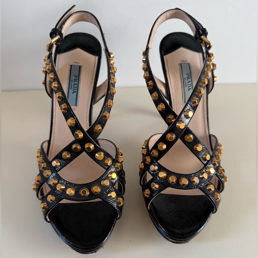 Prada Gold Studded Black Leather Slingback Sandal Heels